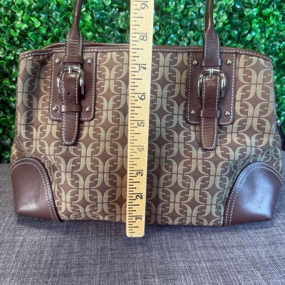 Womens Fossil Brown Signature Fabric Leather Shoulder Handbag Satchel Bag Purse - Picture 2 of 15